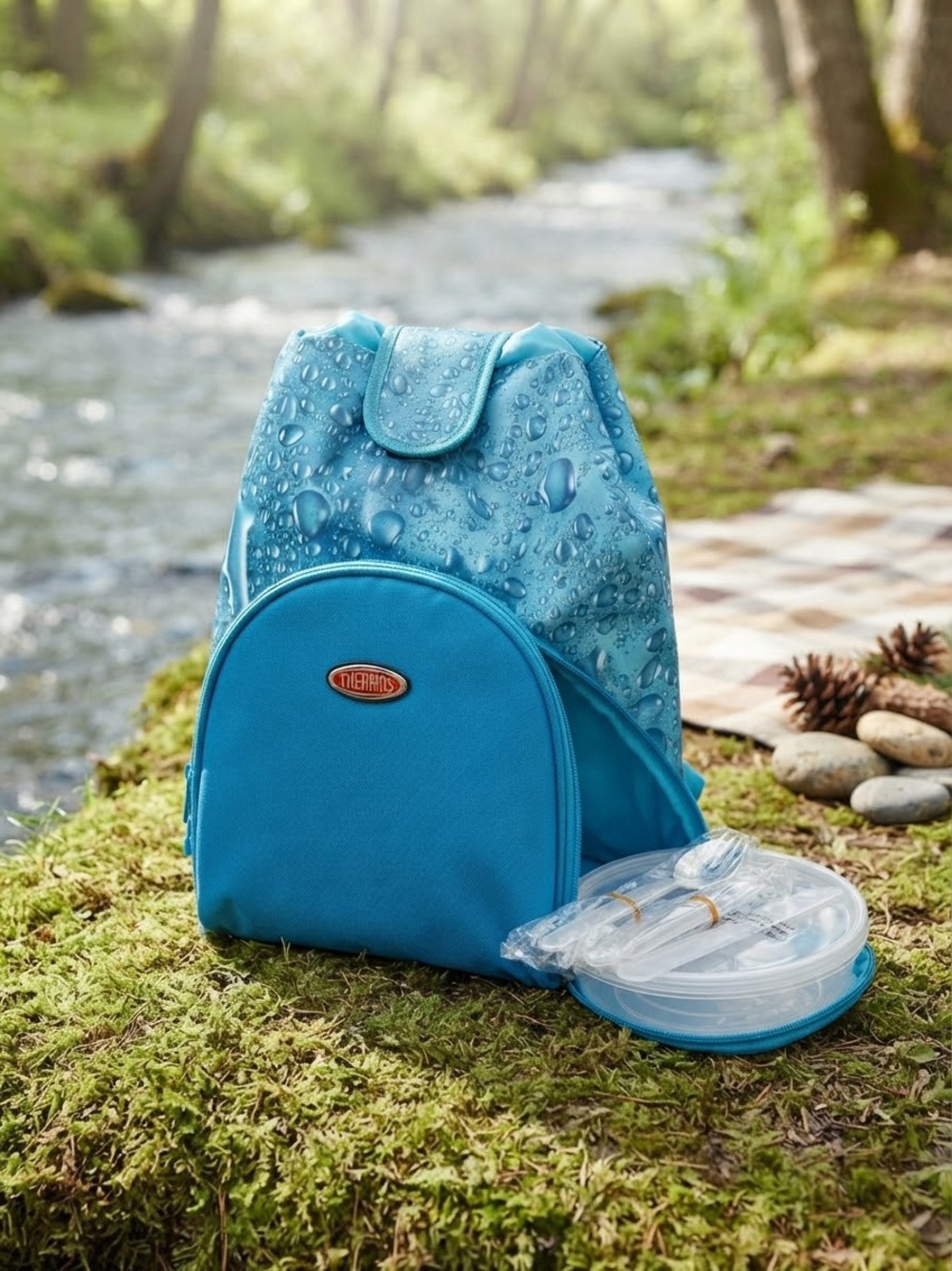 Thermos Insulated Picnic Backpack with Plates and Utensils - Blue Water Drops